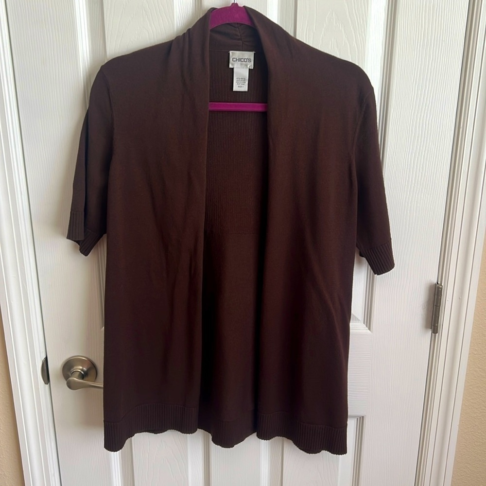 Chicos Brown Cardigan Sweater Short Sleeve Open Front Knit Size 1 Medium